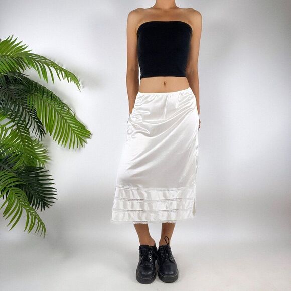 Vintage 90s White Coquette Cottagecore Angelcore Midi Lace Half Slip Skirt / M - Picture 4 of 6